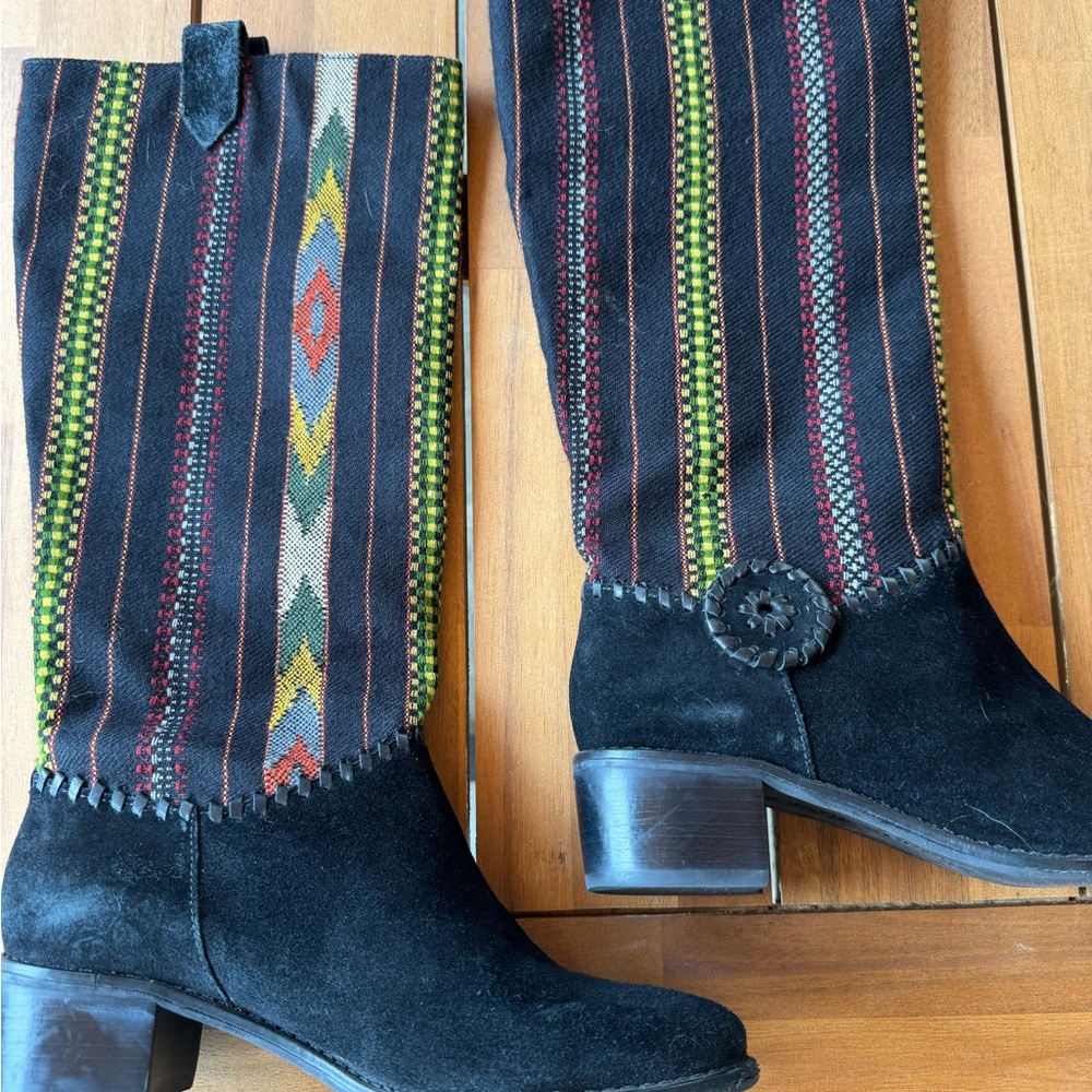 Jack Rogers Black Suede Knee Boots with Multicolor Woven Shaft